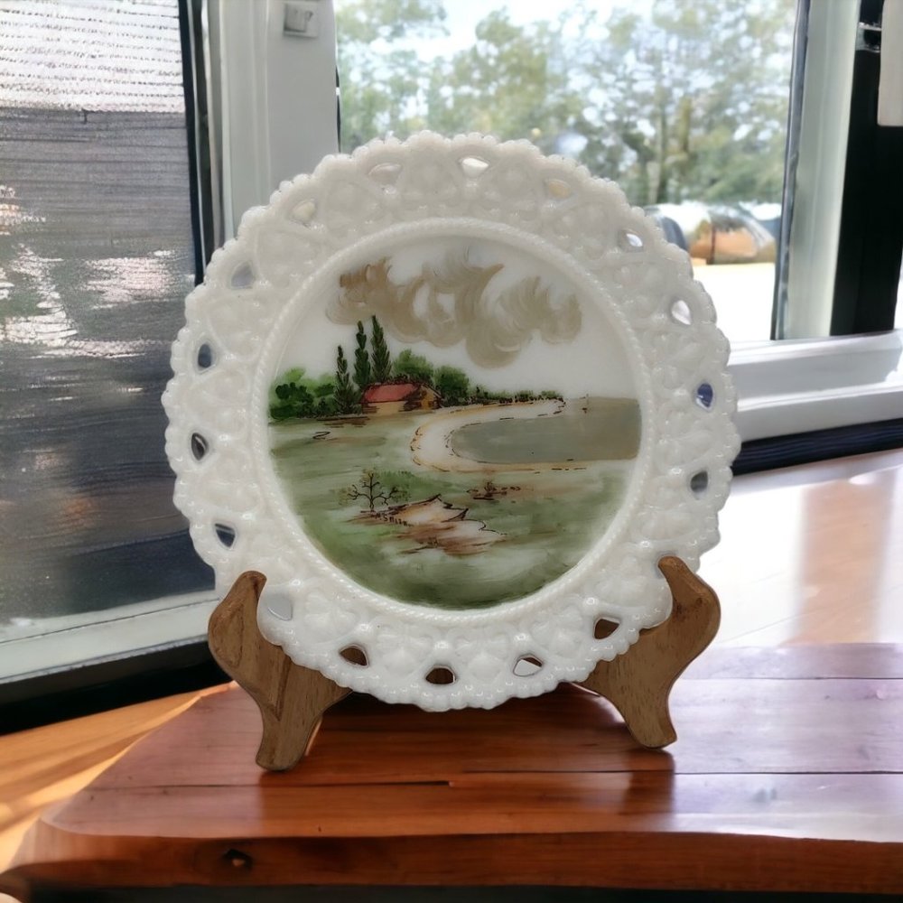 Vintage Kemple Milk Glass Decorated Plate/Handpainted Scenic Plate/ Reticulated